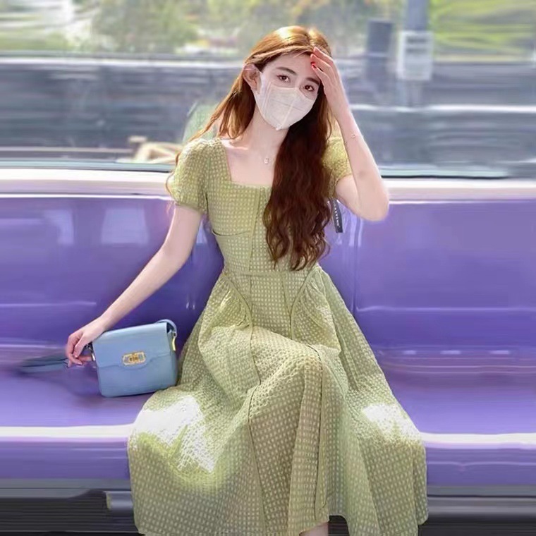 Đầm suông midi tay phồng xanh lá cây phong cách Mori Pháp — Màu xanh lá chi tiết 5