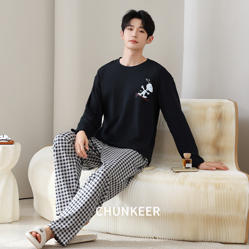 Men's Pajamas Autumn and Winter Round Neck Pullover Korean Style Spring and Autumn Set Casual Loungewear Men's Wearable Set Cross-Border