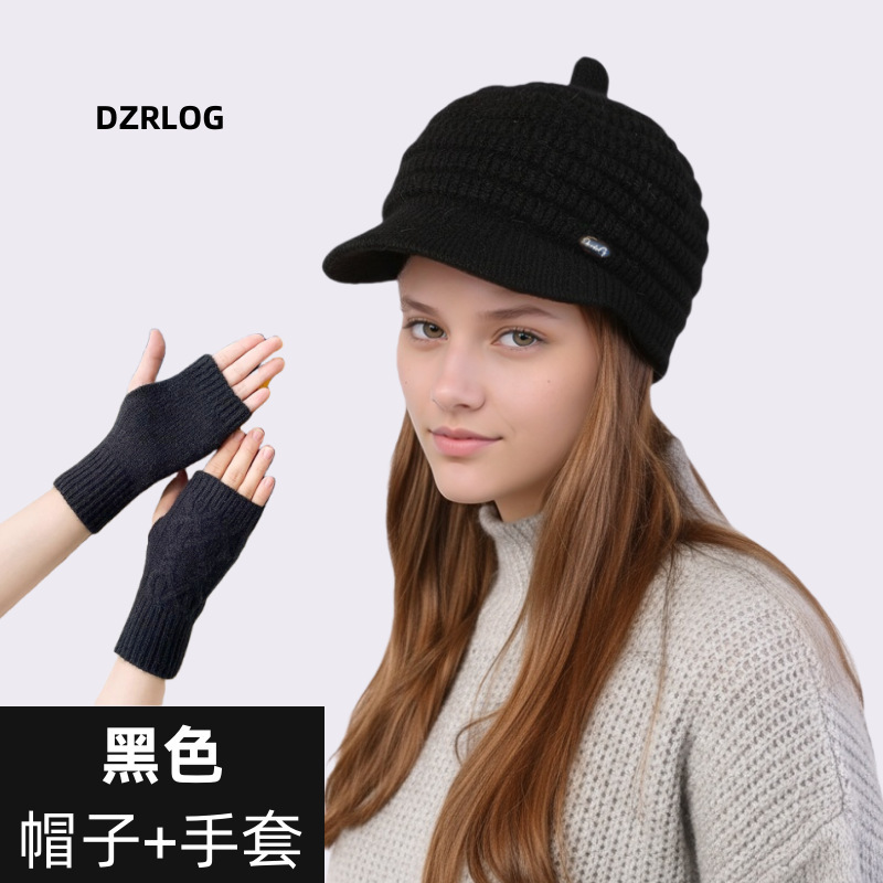 跨境新款女士针织帽子冬天加绒保暖防寒毛线帽时尚加厚百搭鸭舌帽|undefined