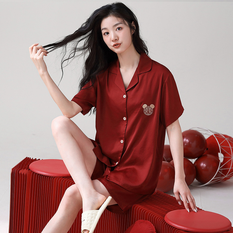 Year of birth red bridal pajamas women's cotton short-sleeved wedding home wear dragon year cardigan 2024 Summer Suit