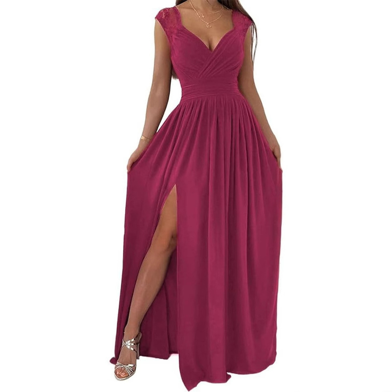 Cross-border New Women's 2024 Formal Dress Wrap V-neck Pleated Sexy Bridesmaid Wedding Guest Evening Dress