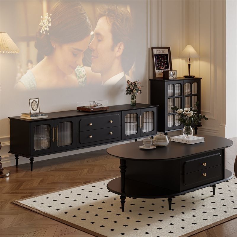 电视柜茶几组合2025新款法式美式复古小户型客厅实木黑色电视机柜