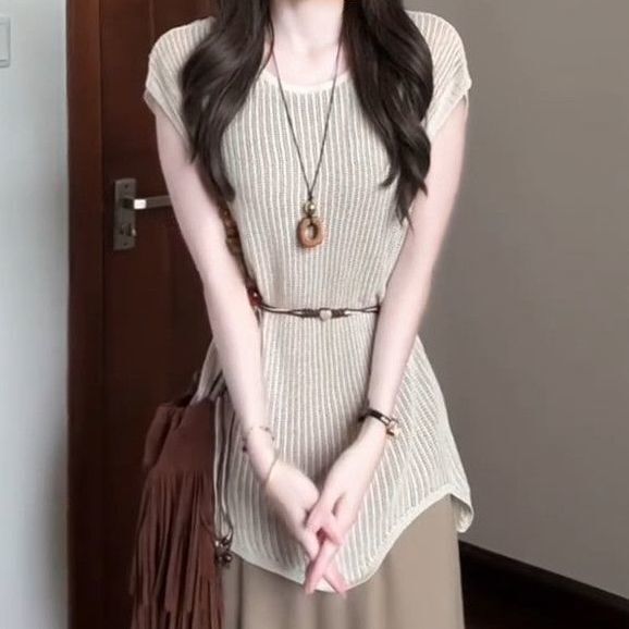 套装女夏新款纯色腰链针织镂空罩衫高腰显瘦百搭背心连衣裙两件套|undefined