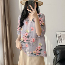 三宅风褶皱上衣女夏明星同款印花衬衫宽松中年妈妈装大码开衫外套