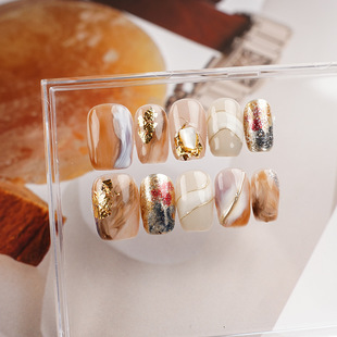 Hand-worn nail hand-painted vignetting brown high-grade hand-worn nail art finished false nail patch short