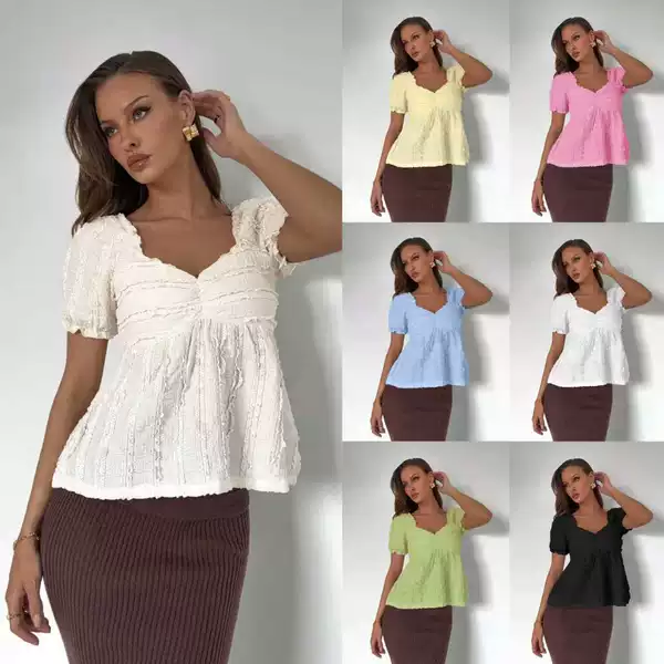 Cross-Border European and American Women's Fashion T-Shirt with Puff Sleeves, Same Style as Amazon's Bestseller, Solid Color with Ruffles, Elegant and Graceful 250323