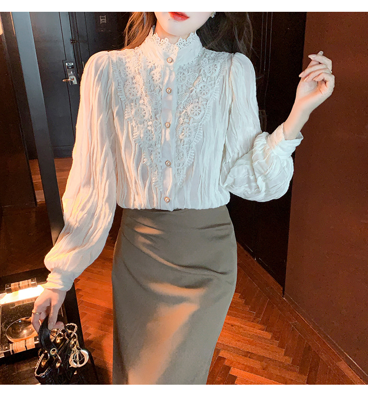 2022 Autumn/Winter new style fleece high-neck lace shirt chiffon shirt top, elegant base layer, fairy pic 19