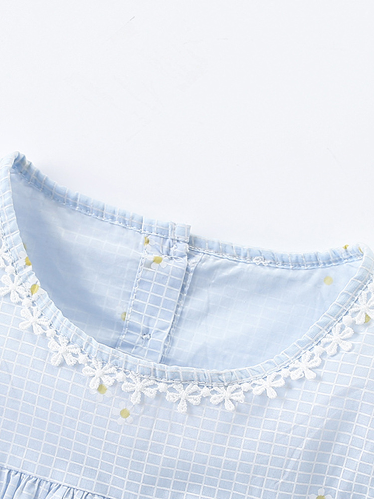 Malwee vestido de niña de verano nuevo vestido de cuello redondo de cuadrícula falda de manga corta europea y americana falda de princesa para niños de mediana edad
