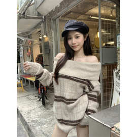 实价 真实拍 新款纯欲翻领一字肩条纹宽松慵懒毛衣长袖上衣