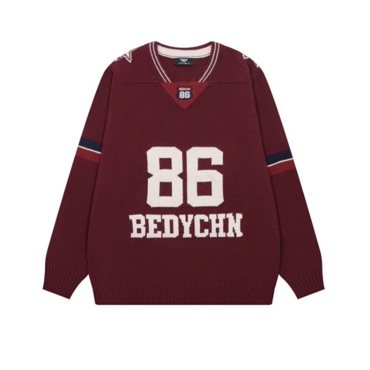 Men's Retro Color Block Pullover Sweater – Loose Fit V-Neck Knitwear (Navy Blue/Red, M-XXL)_voghion.com
