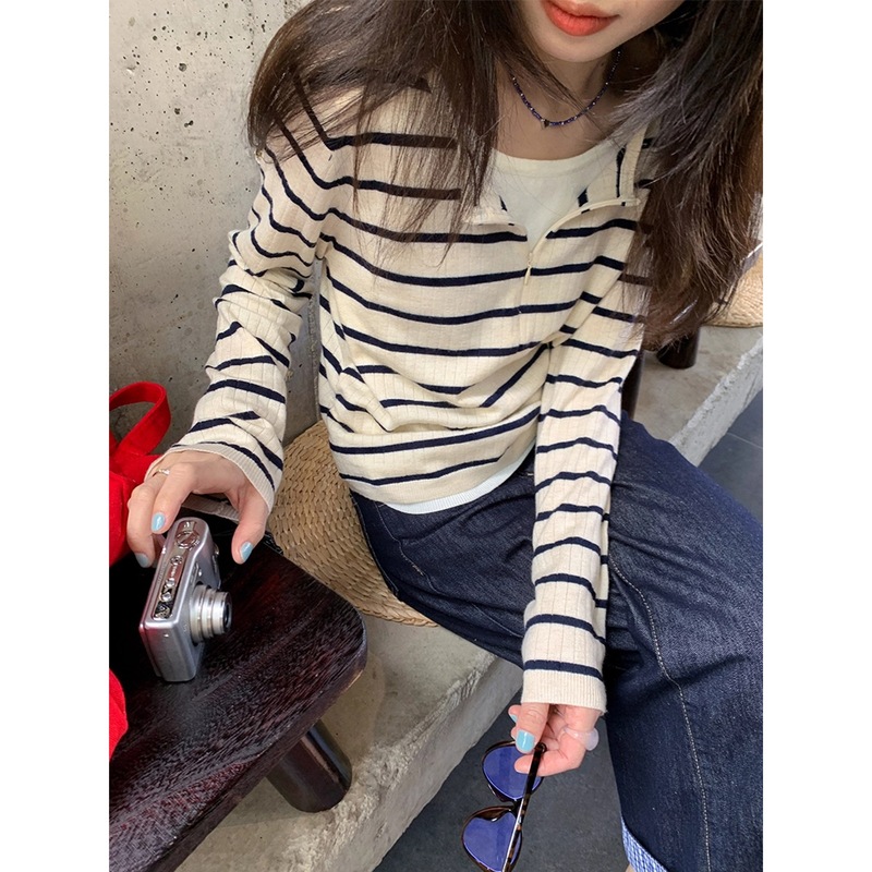 韩系撞色假两件条纹长袖恤女秋2025新款小个子修身显瘦内搭上衣款|undefined