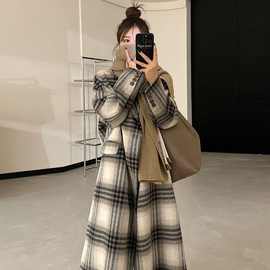 呢子大衣女2025秋冬新款韩系宽松赫本风复古格子加厚毛呢外套潮