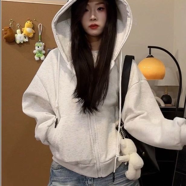 春秋新款美式连帽字母印花卫衣女韩版宽松百搭开衫短款外套上衣潮|undefined