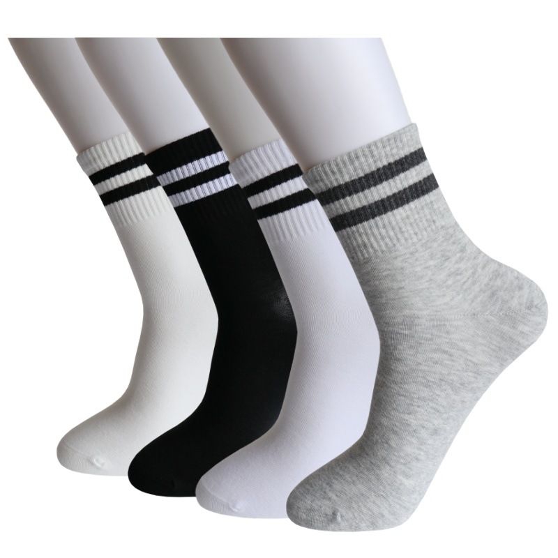 Schüler-Socken in Lagerbestand, Ganzjahres-Bestseller, Collegestyle, anti-Pilling, nahtlose Zehennaht, Baumwollsocken mit zwei Streifen, Unisex-Sportsocken