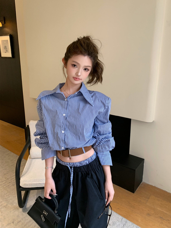 秋装新款两件套女蓝色条纹衬衫配腰带短款长袖上衣阔腿直筒裤套装|undefined