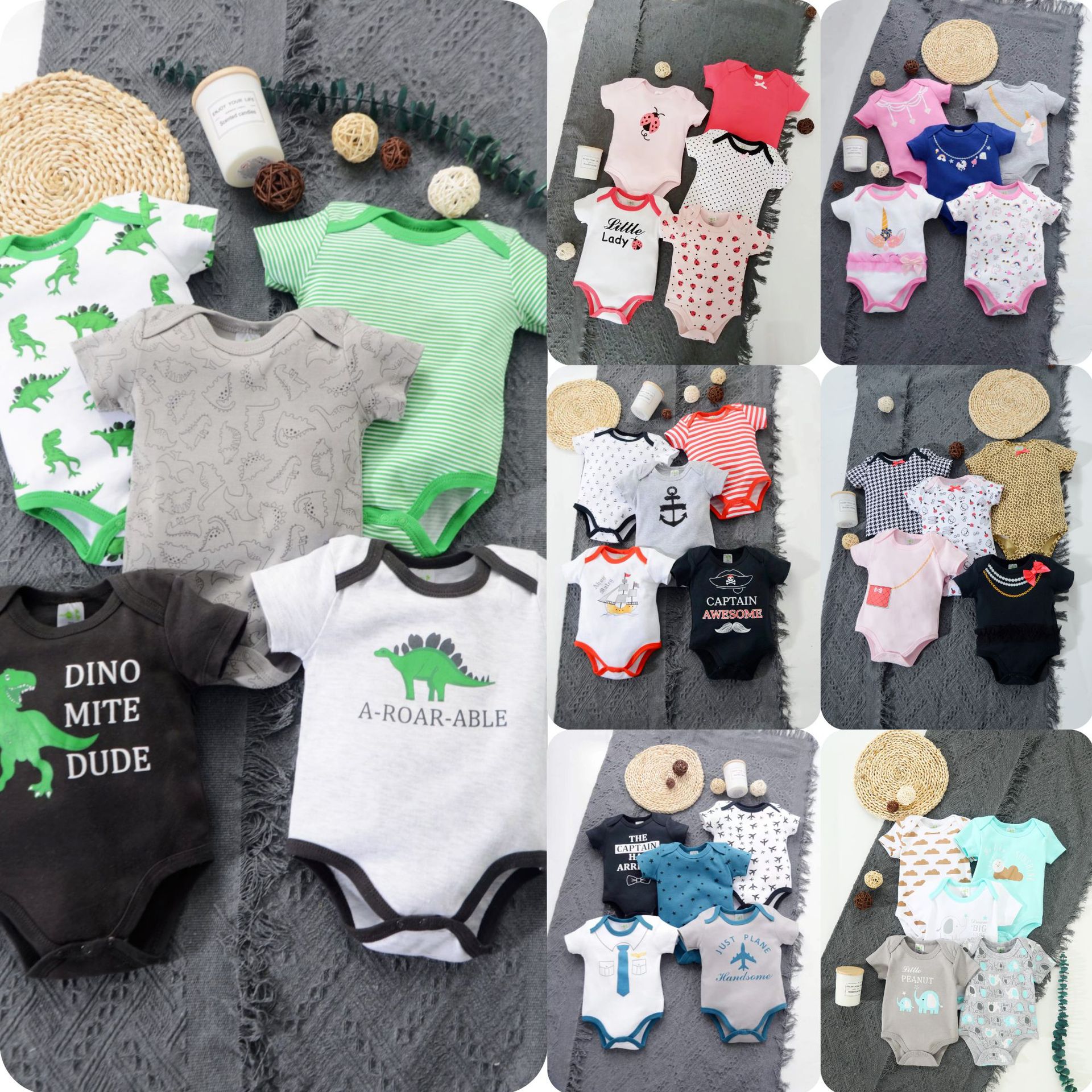 ins Export Infant and Toddler Summer Loose Short-sleeved Five-piece Triangle Crawling suit Bag Fart suit