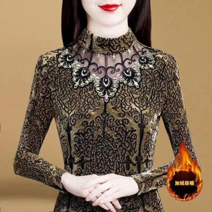 European Station Autumn and Winter fleece-lined Base Shirt Lace Hollow Long-sleeved T-shirt Women's Half-high Collar Slim-fit Warm Slim Top