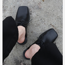 2022时尚潮流夏季新款半拖皮鞋潮个性男士黑色方头皮拖鞋潮