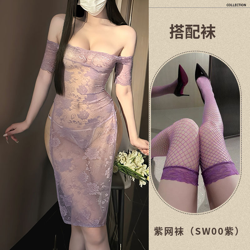 보라색 레이스 스커트 + 끈 팬티 + 보라색 망사 스타킹
