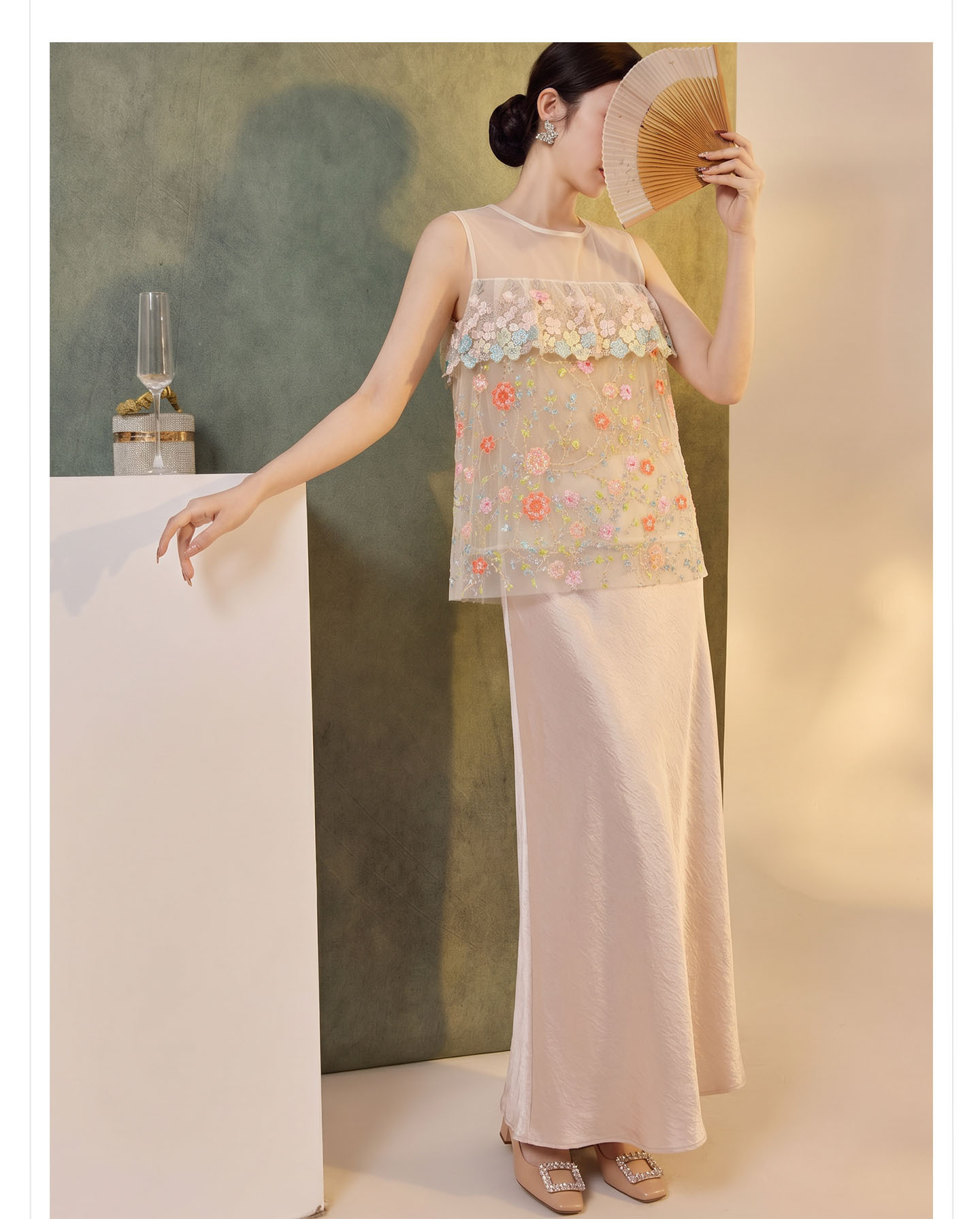 Bộ vest váy nữ phong cách Trung Quốc mới mùa hè – áo vest không tay thêu họa tiết kết hợp chân váy nửa dài — bộ đồ, Champagne màu nửa váy, Áo khoác màu mơ chi tiết 6