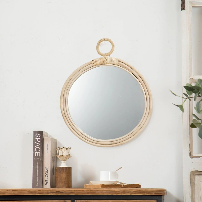 Espejo de maquillaje de ratán redondo nórdico transfronterizo Espejo de pared tejido a mano de estilo ins Espejo de decoración de pared de la casa de familia de entrada