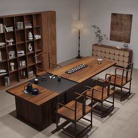 南美胡桃木色茶台茶桌椅组合实木大板茶台茶盘一体客厅办公室接待