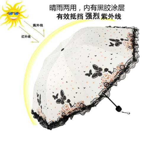 Folding Sunshade Parasol with Lace Edge UV Sun Umbrella Black Rubber Women's Fresh Style Lady Umbrella
