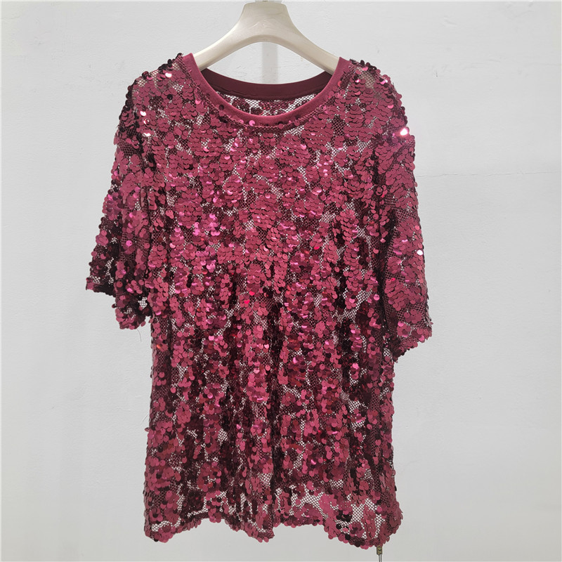 Camiseta de manga corta de estilo europeo y americano con sequinado de moda coreana de media manga guapo brillante chaqueta de media manga suelta image 3