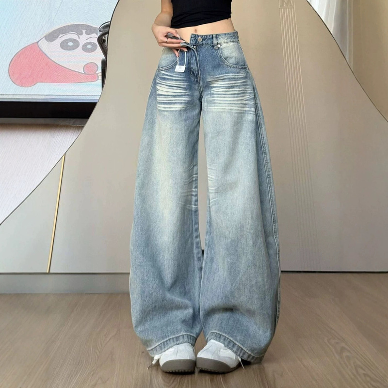 Petite American-Style Washed Whiskered Wide-Leg Jeans for Women, Loose Fit, Slimming Effect, Straight-Leg Denim Wide-Leg Pants for Women