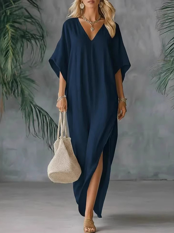 In-Stock 2026 Linen Thin Dress Amazon Cross-Border Foreign Trade European and American Women's Fashion New Summer V-Neck Loose Fit In-Stock 2026 Linen Thin Dress Amazon Cross-Border Foreign Trade European and American Women's Fashion New Summer V-Neck Loose Fit