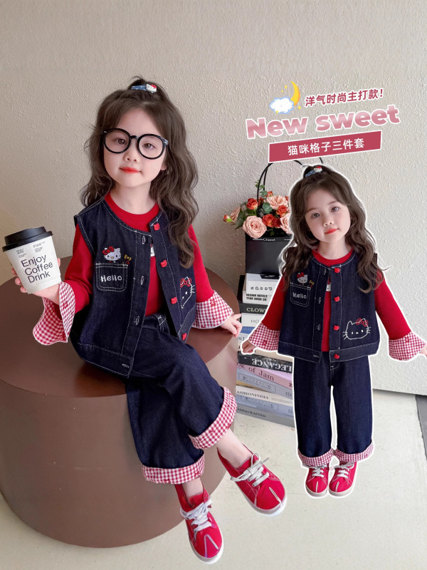 女童牛仔套装秋季2025新款洋气儿童马甲KT猫秋装卡通女宝宝三件套|undefined