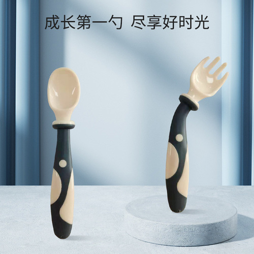 New children's twisting fork and spoon set, portable baby food tableware, learning eating spoon, bendable spoon