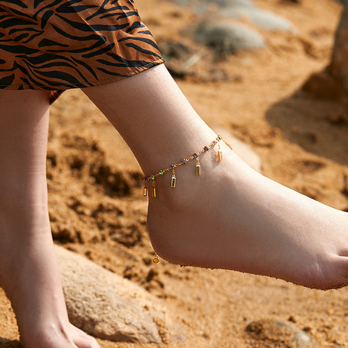 eBay Cross-Border New Retro Gold-Plated Ankle Chain with Colorful Acrylic 18K Gold Long Bar with Diamond Pendant Ankle Chain