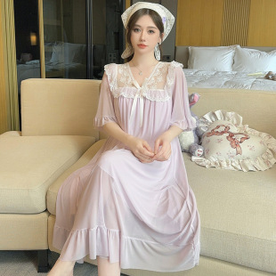 New Fairy Style Nightgown for Women, Fashionable Lace Short-sleeved Pajamas, Long Skirt, Summer Princess Style Nightgown with Breast Pads