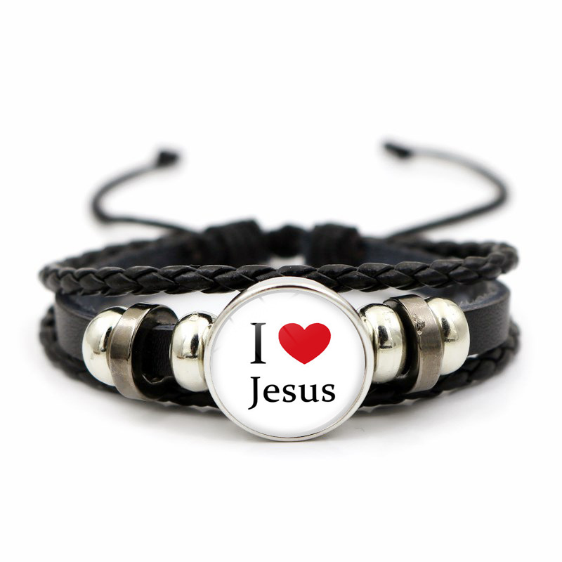 I Love Jesus Time Gemstone Snap Leather Bracelet Unisex Vintage…