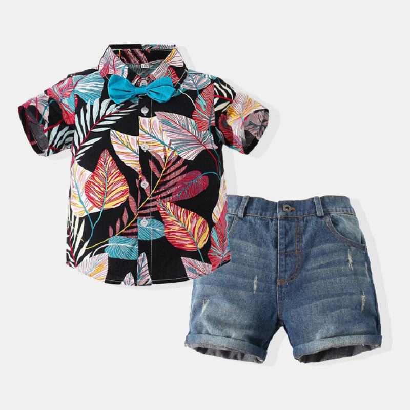 Boys' Tropical Leaf Shirt Jeans Children's Wear 2021 Summer New European and American Style Printed Shirt Children's Suit