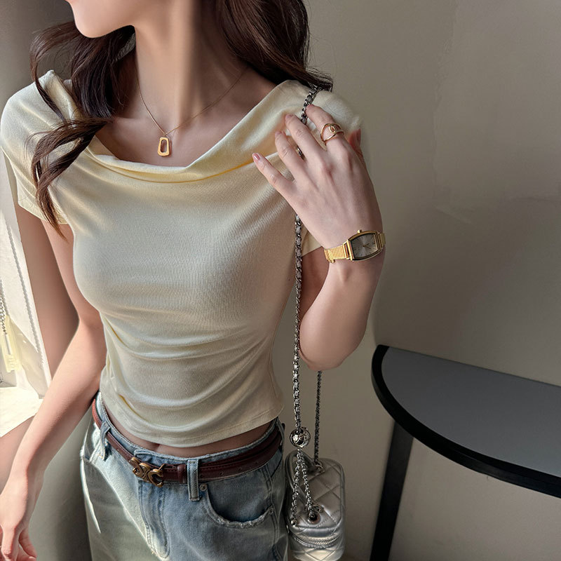 봄 여름 여성용 엄선된 파일 칼라 반팔 티셔츠, 프렌치 디자인, 니치, 심플, 슬리밍, 활용도 높은 베이스 레이어 탑