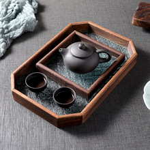 多边形海棠花玻璃托盘新中式菱形茶托盘实木点心盘茶道茶具收纳盘