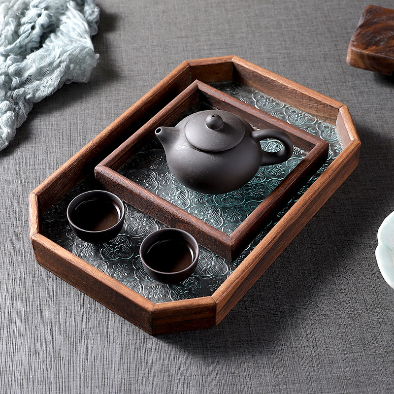 多边形海棠花玻璃托盘新中式菱形茶托盘实木点心盘茶道茶具收纳盘