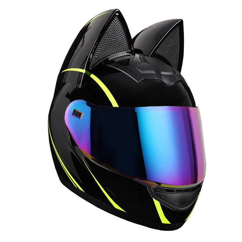 Casco de motocicleta eléctrica HNJ, casco integral con oreja de gato certificado 3C para mujer, verano, se puede equipar con auriculares Bluetooth, casco integral para motocicleta