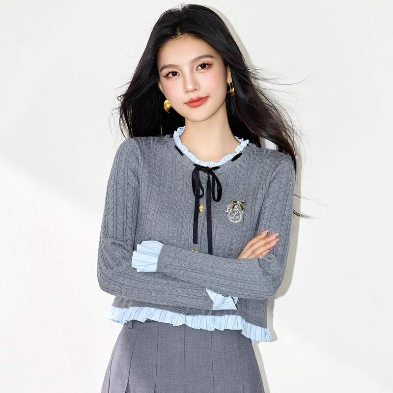 R5331灰色假两件针织开衫女秋季新款学院风边拼接显瘦上衣ins|undefined