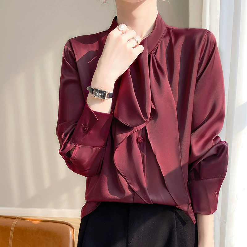 2024 весна и лето новый французский стример сплошной цвет рубашка женская стойка свободный шнуровка рубашка темперамент кардиган