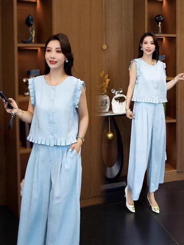 大码时尚套装女2025夏季新款洋气显瘦短袖上衣阔腿裤休闲两件套潮|undefined
