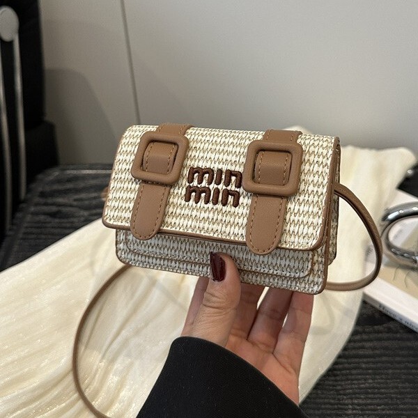 Casual, Fashionable and High-End Miu Series New Small Square Bag Women's Bag Woven Texture Cambridge Mini Shoulder Crossbody Bag