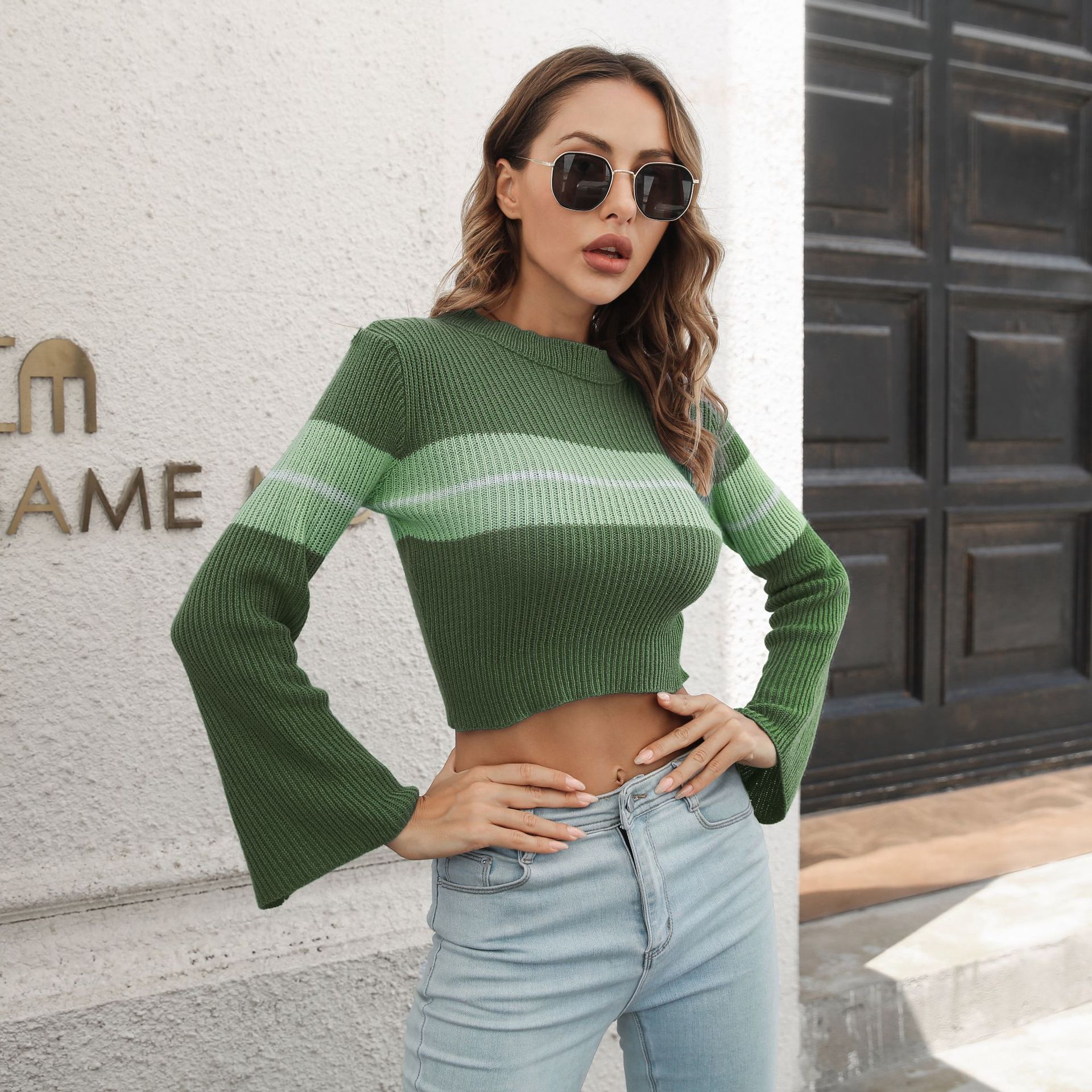 Striped Color Contrast Short Sweater Women Autumn Winter Long Sleeve Sweater Women Clothing