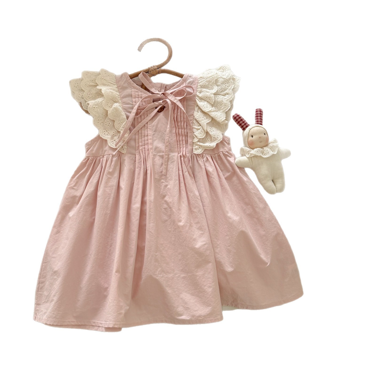 Vestido de siete niñas de limón salado, vestido de princesa de manga voladora hueca retro para niños de verano, vestido de encaje de niña rosa dulce