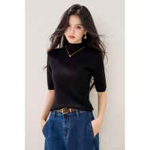 秋冬打底针织衫女中袖套头镂空半高领修身显瘦纯色短款毛衣女