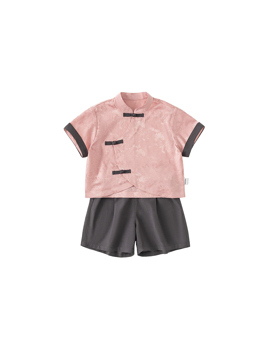 Youbao ropa para niños nuevo traje de niño de estilo chino con botones de disco camisa de estilo nacional top pantalones cortos casuales de dos piezas de color sólido para niños