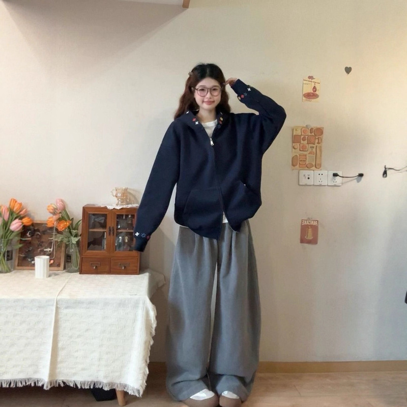 韩版刺绣开衫连帽卫衣女2025秋季新款设计感小众chic百搭休闲外套|undefined