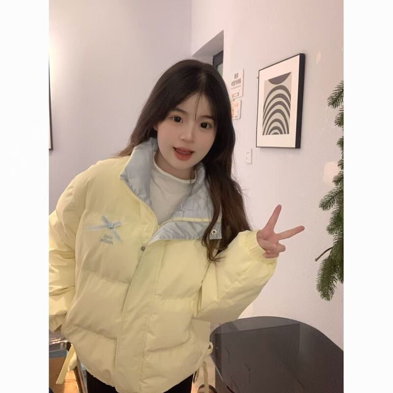 Sweet Milky Yellow Cotton Coat for Women, New Style for Petite Figures, Bowknot Student Cotton Coat, Elegant and Simple Dopamine Jacket
